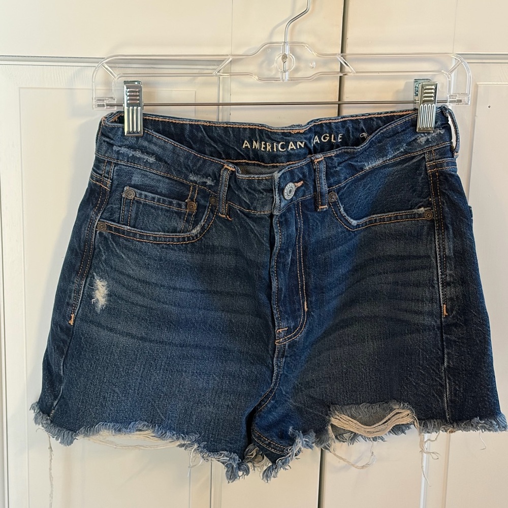 American Eagle Outfitters TOMGIRL Dark Blue Frayed Hem Denim Shorts 🪩♻️